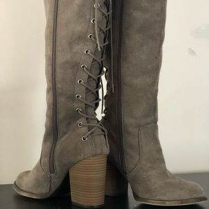 Grey, lace up knee high boots